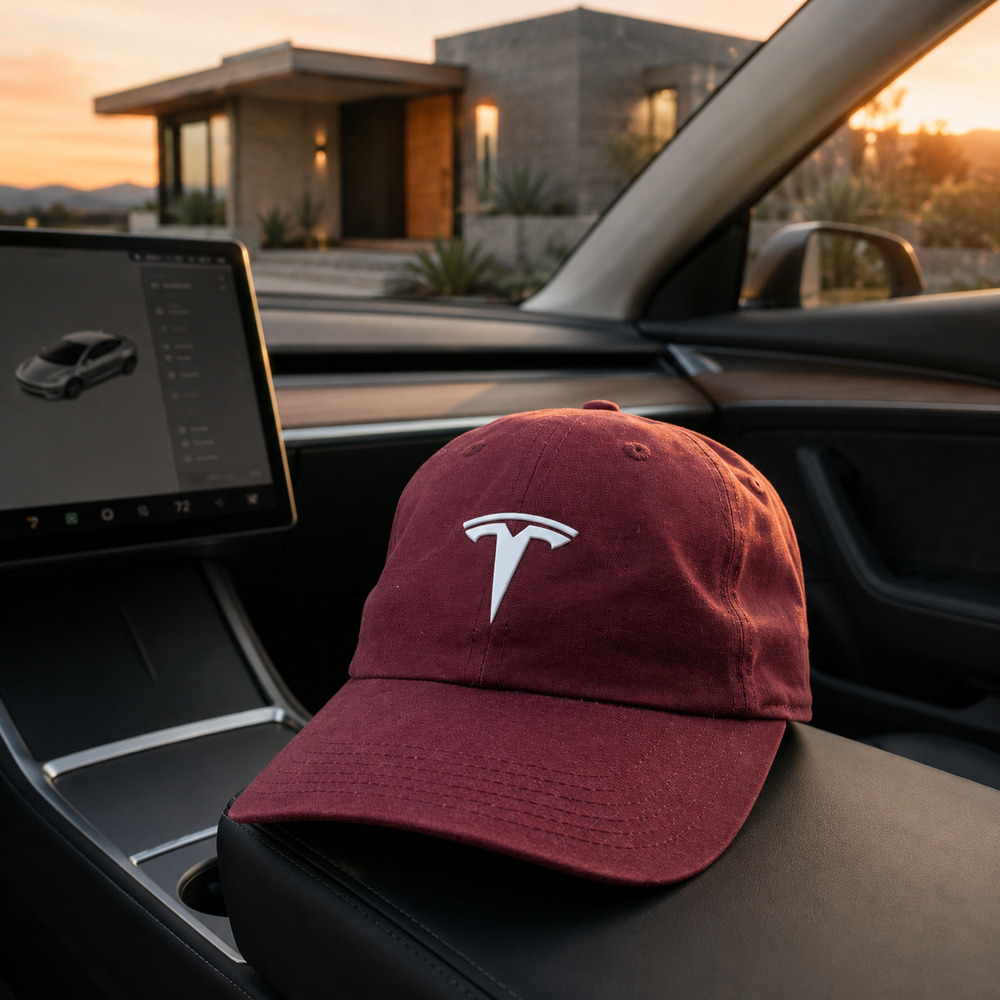 Tesla Maroon Twill Strapback Hat Adjustable Logo Cap Burgundy EV Automotive